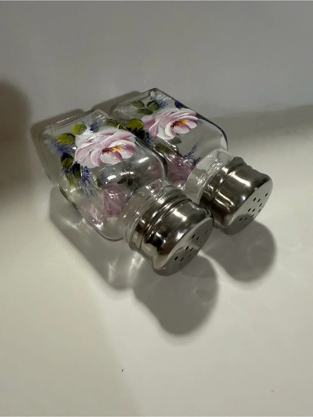 Decorative Pink Floral Glass Salt and Pepper Shakers with Silver Tops